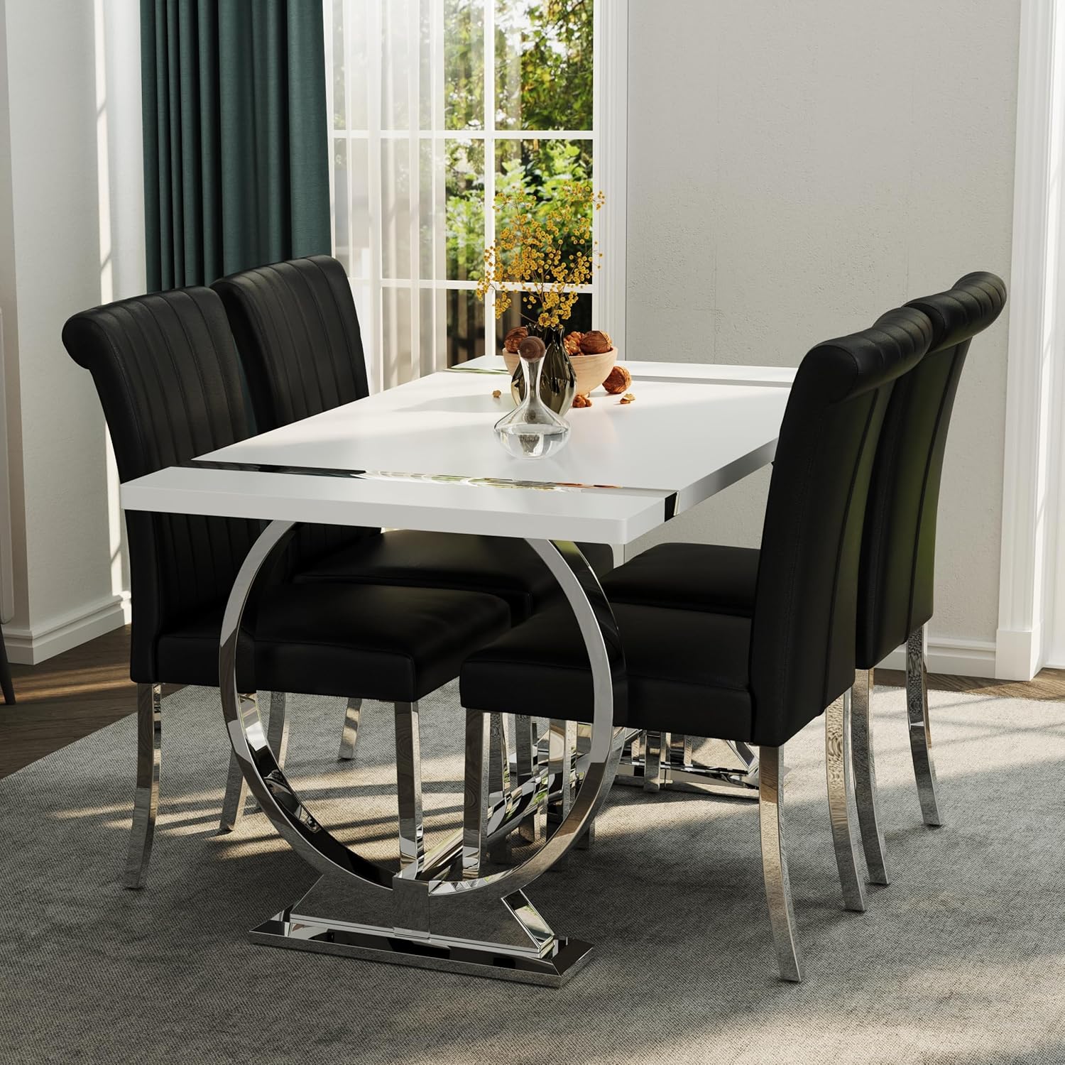 ACEDÉCOR Modern Dining Chairs Set of 4, Black Leather Dining Room Chairs with Silver Stainless Steel Legs, Upholstered Chairs with High Back and Metal Chrome Legs for Kitchen/Living Room/Restaurant