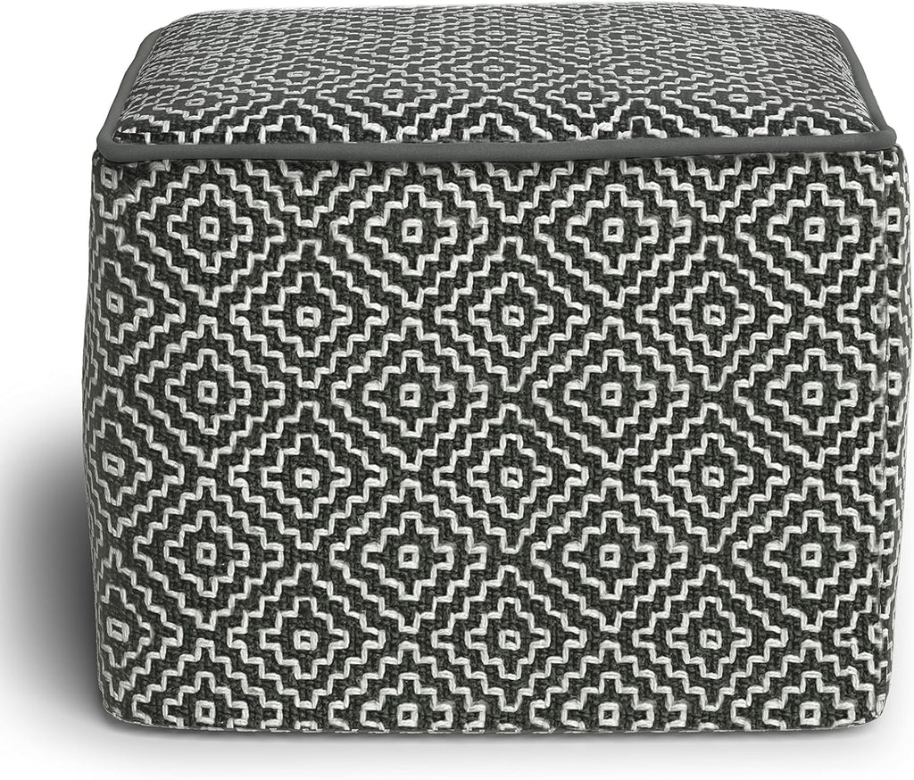 SIMPLIHOME Brody 18" Wide Square Pouf in Distressed Black Vegan Leather | Versatile boho indoor/outdoor footstool, extra seating for living room or bedroom or patio with assembled design, assembled.