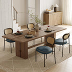 Rattan Dining Chairs Set of 2, Blue Leather Upholstered Dining Chairs with Rattan Cane Back, Mid Century Modern Dining Room Chairs with Black Metal Legs & D-Shaped Thicken Cushion, Blue