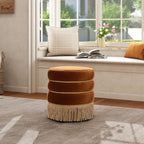 Edward Round Ottoman, Performance Velvet Ottoman, Burnt Orange Footrest with Bullion Fringe, 17.5 Inch Upholstered Seat and Accent Table for Living Room, Bedroom, Entryway