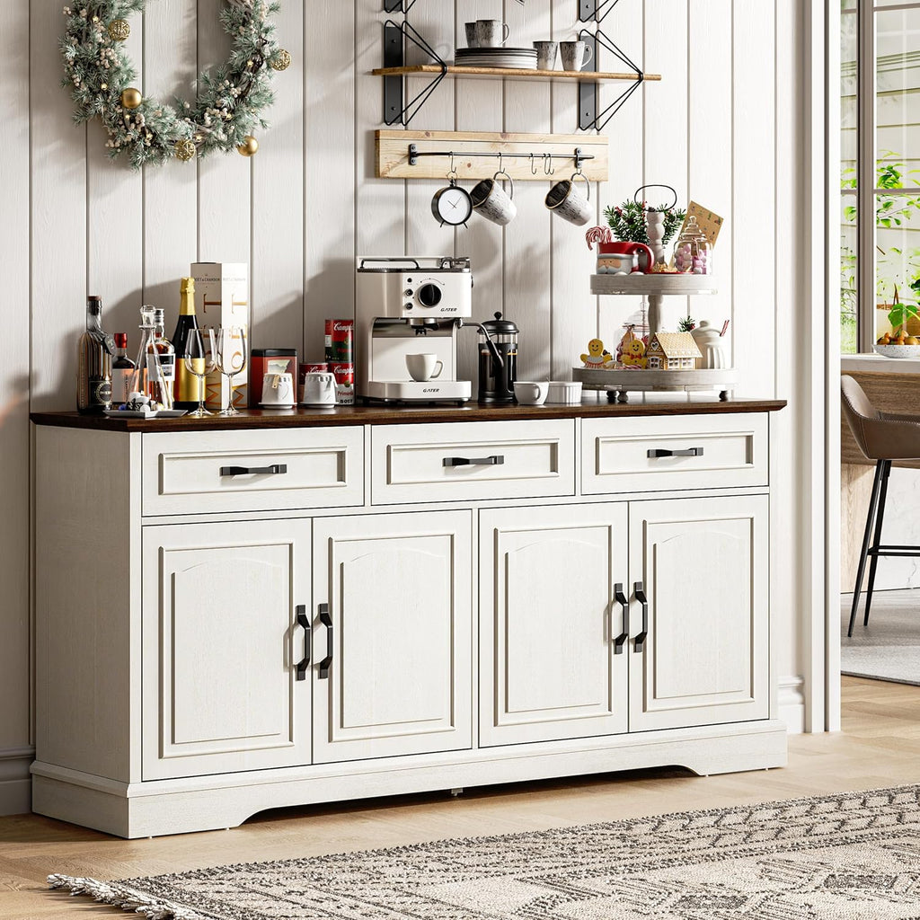66" Large Sideboard Buffet Cabinet with Storage, Farmhouse Buffet Table Coffee Bar Wine Bar Kitchen Storage Cabinet with Drawers for Dining Room, Living Room, White & Walnut
