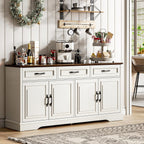 66" Large Sideboard Buffet Cabinet with Storage, Farmhouse Buffet Table Coffee Bar Wine Bar Kitchen Storage Cabinet with Drawers for Dining Room, Living Room, White & Walnut