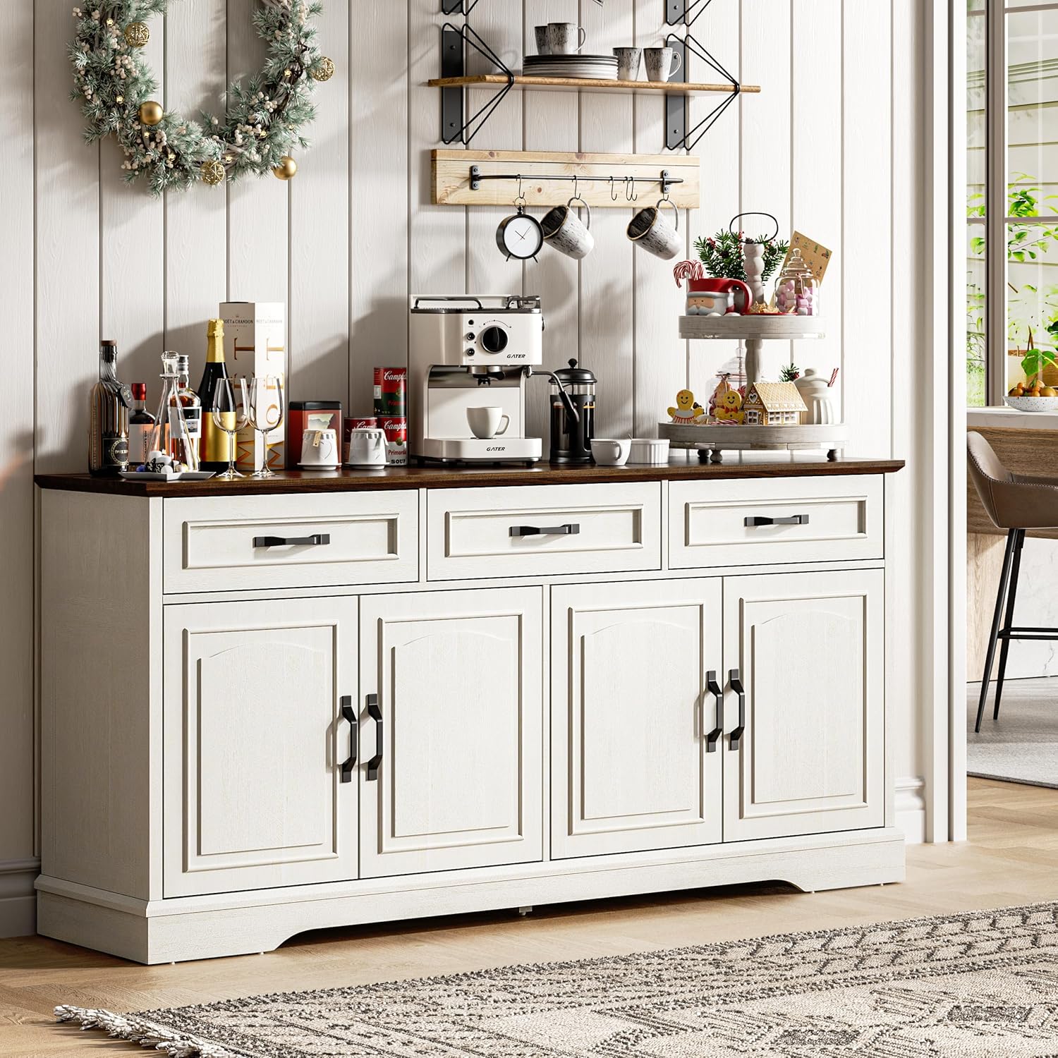 66" Large Sideboard Buffet Cabinet with Storage, Farmhouse Buffet Table Coffee Bar Wine Bar Kitchen Storage Cabinet with Drawers for Dining Room, Living Room, White & Walnut