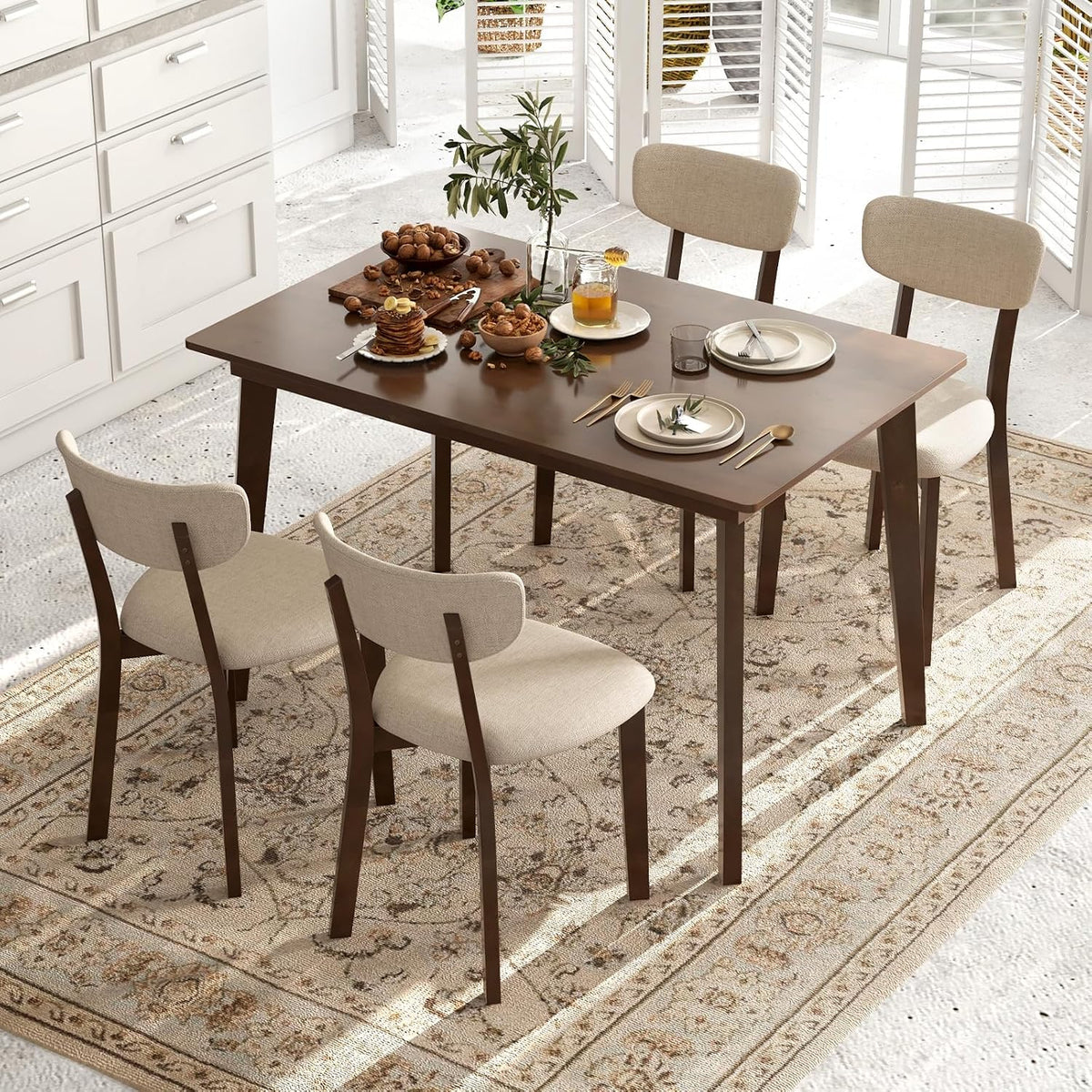 GOFLAME 5-Piece Dining Table Set for 4, Farmhouse Kitchen Table & 4 Upholstered Chairs with Rubber Wood Frame, Padded Seat, Curved Backrest, Space-Saving Dinette Set for Dining Room, Small Space