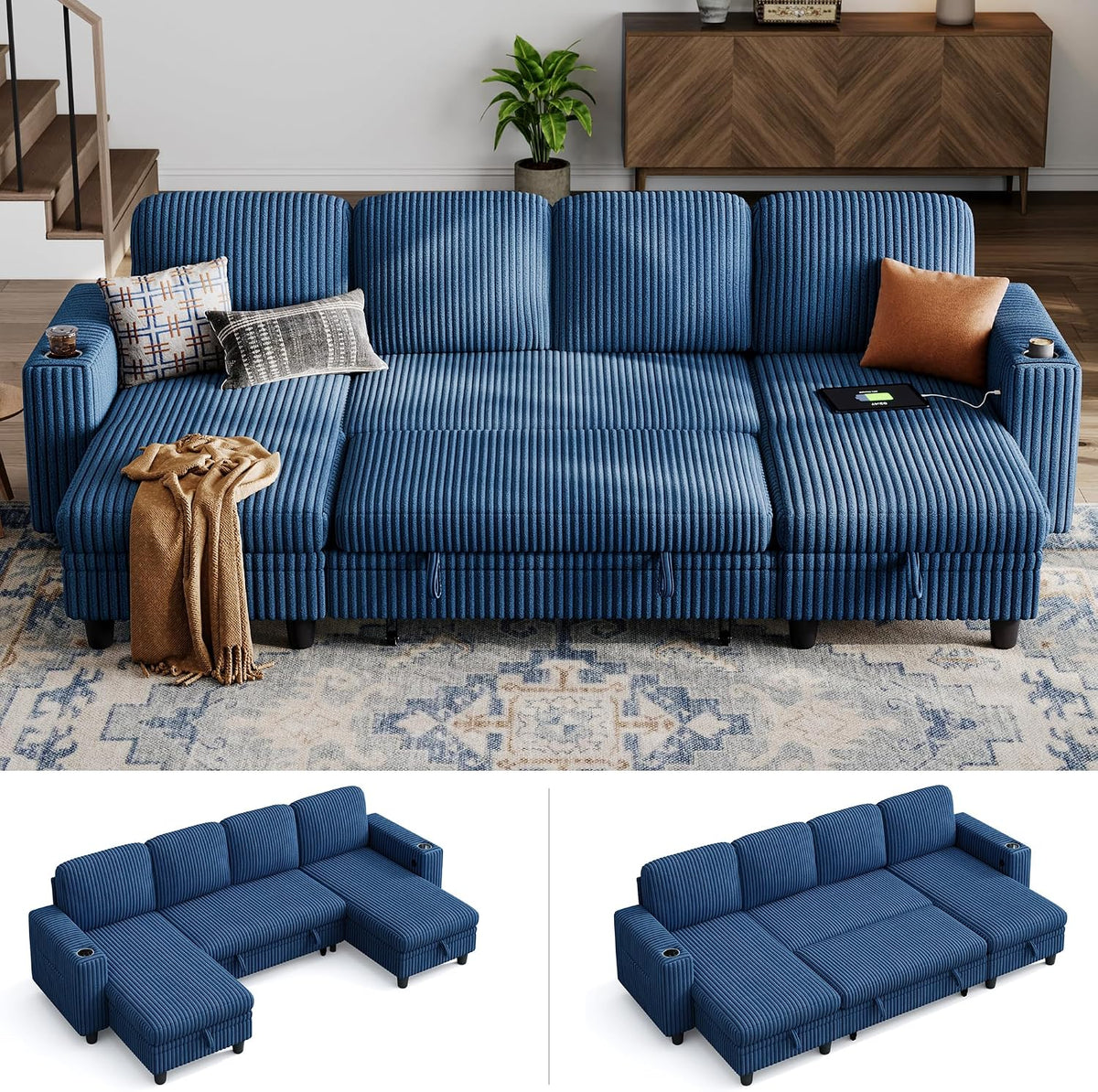 LINSY HOME Sectional Couches for Living Room, 106" U Shape 4 Seats, Blue | Sleeper sofa with pull out couch bed, corduroy couch with storage