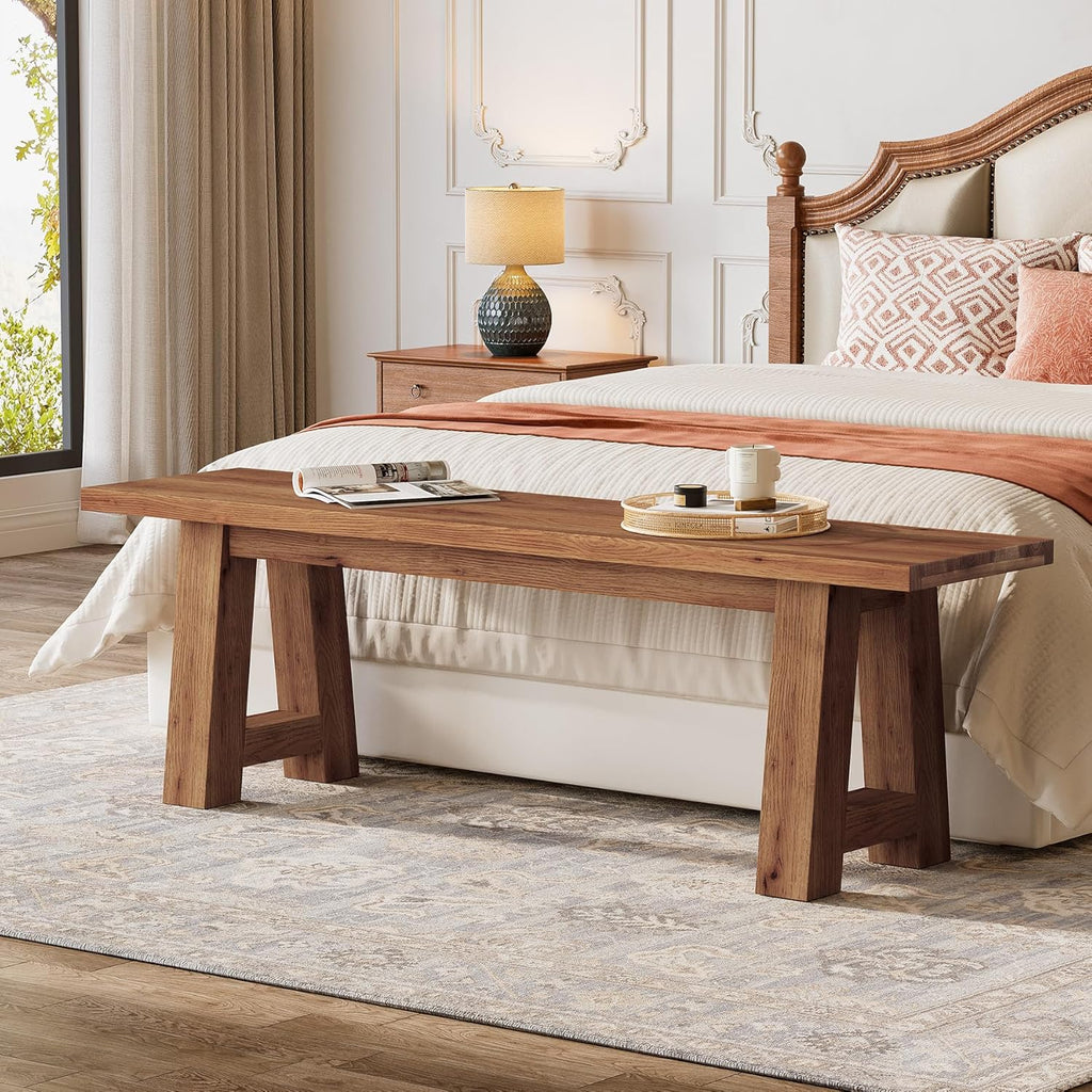 55" Solid Wood Entryway Bench, Farmhouse Long Wood Bench Dining Seat for Living Room, Kitchen, Hallway, Rustic Brown