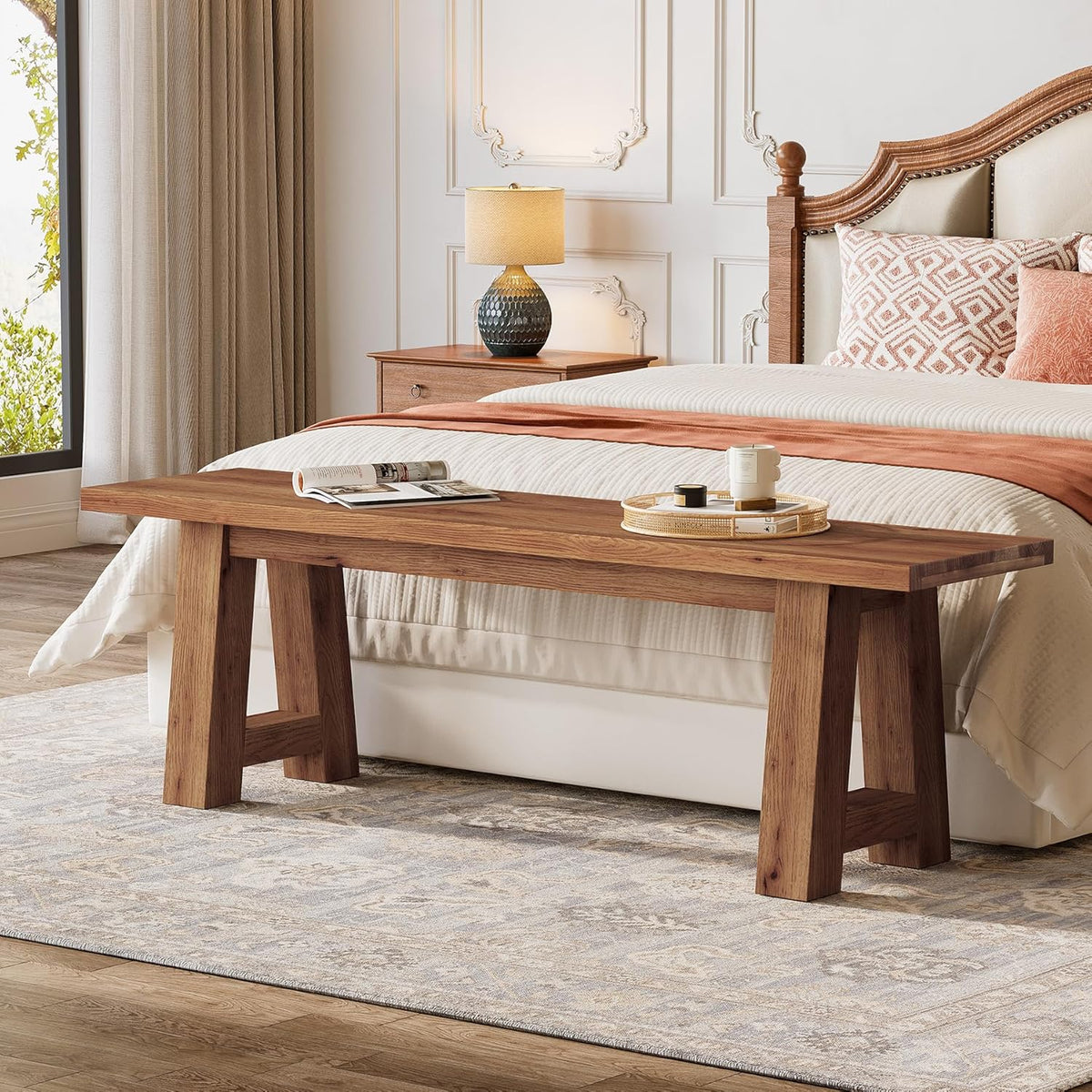55" Solid Wood Entryway Bench, Farmhouse Long Wood Bench Dining Seat for Living Room, Kitchen, Hallway, Rustic Brown