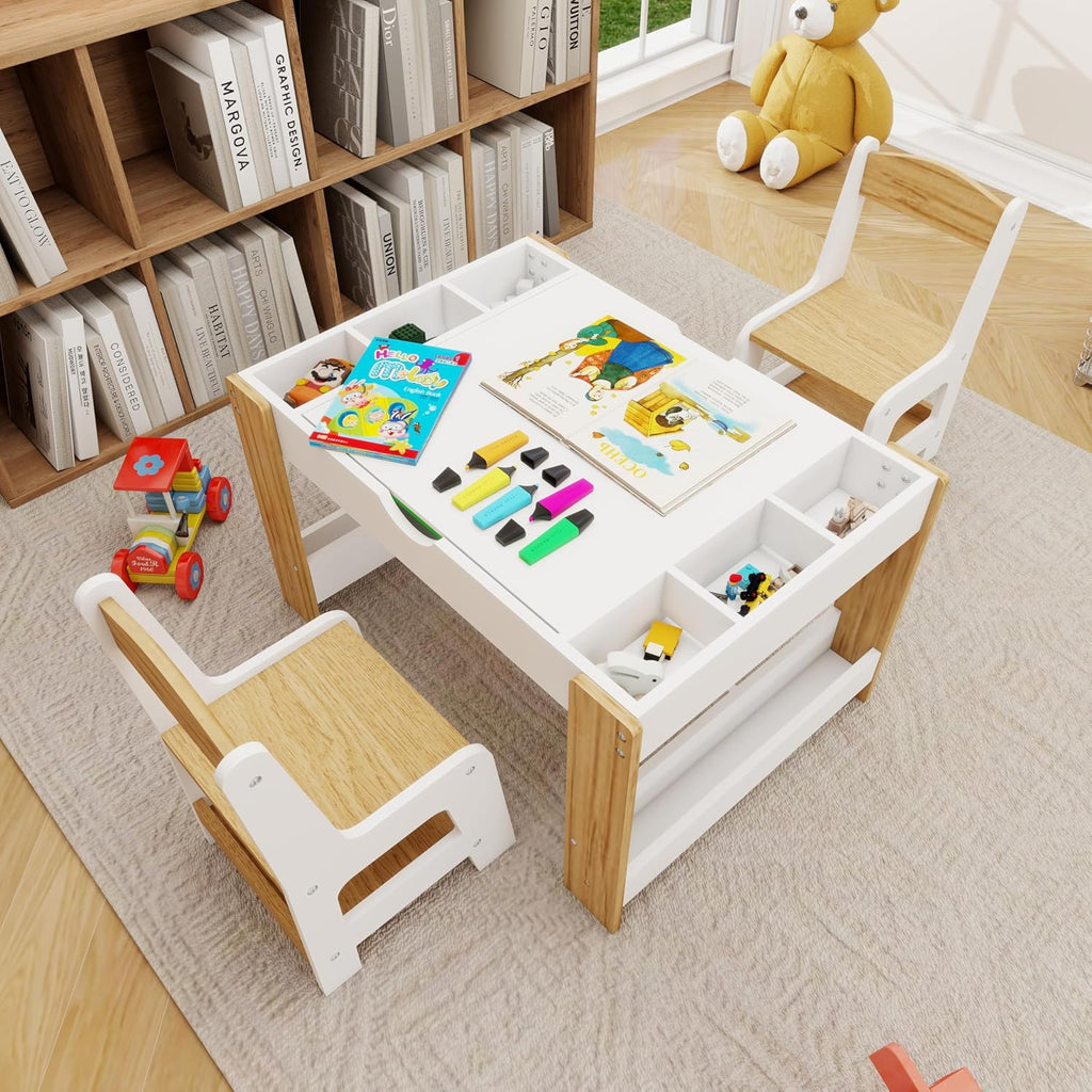 Kids Table and 2 Chairs Set, Beige, Table Supports 280 lbs | Drawing activity desk, classroom, daycare, home, children multi-activity table for ages 3-8, sensory desk set