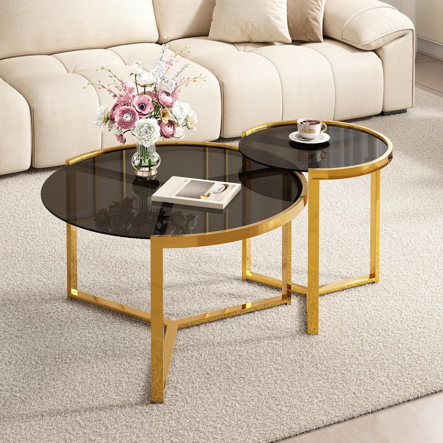 31.5" Gold Round Nesting Coffee Table Set of 2, Modern Tempered Glass Cocktail Tables with Sturdy Metal Frame, Glam Accent Side Tables for Living Room, Black