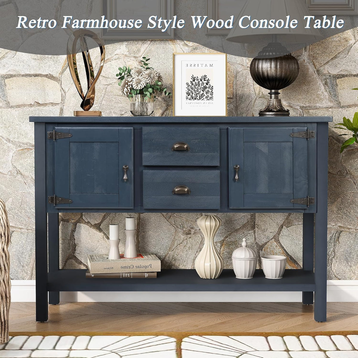 46'' Solid Wood Console Table Sideboard with 2 Drawers and Cabinets and Bottom Shelf, Retro Style Storage Dining Buffet Server Cabinet, for Living Room Kitchen Dining Room (Navy Blue-01)