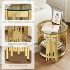 Round Glass End Table, 19" Modern 2-Tier Side Table with Clear Tempered Glass Top and Gold Stainless Steel Base for Living Room or Bedroom