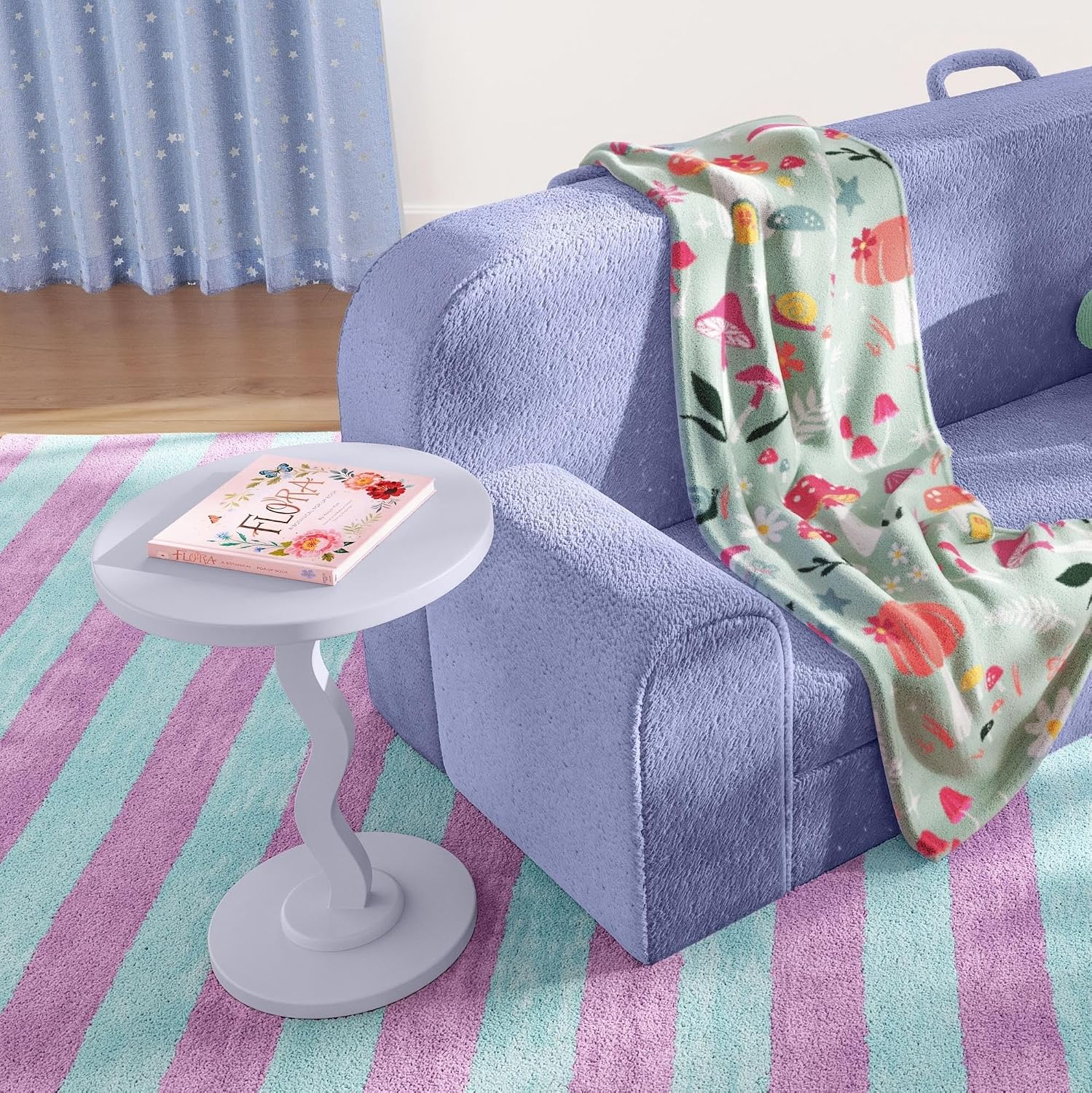 Rubberwood Side Table with Satin Finish, Unique Wavy Silhouette, Sturdy Load-Bearing Tabletop and Smooth Polished Edges, Requires Simple Assembly(Lightpurple)