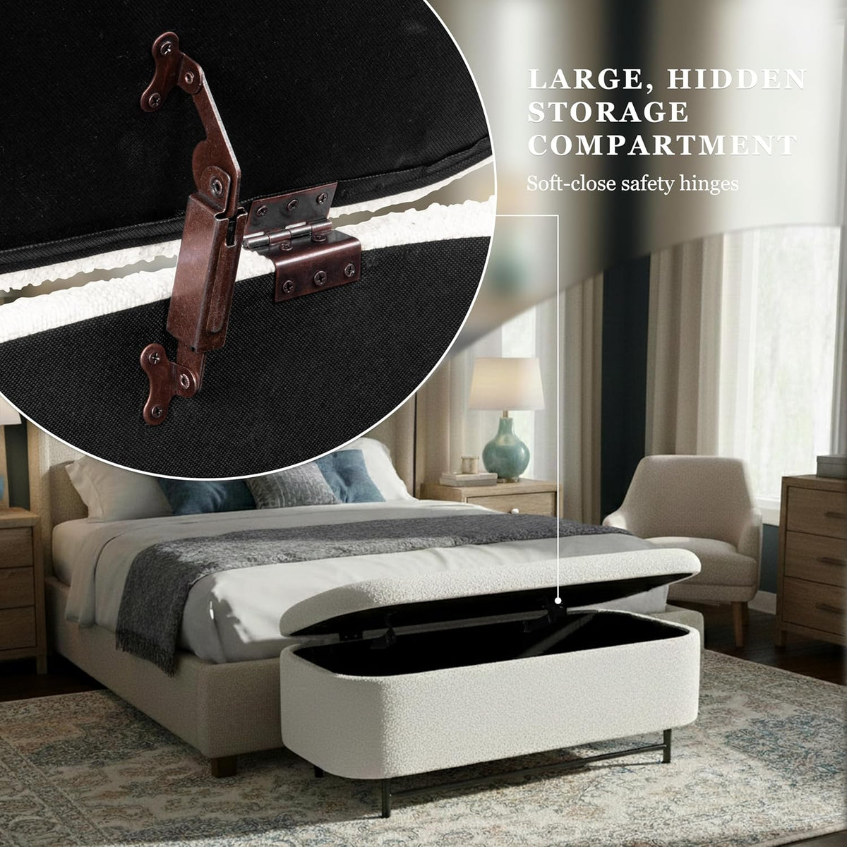 HomePop Ellipse Modern Storage Bench with Metal Legs |Homepop Home Décor|Bench with Storage for Living Room & Bedroom - Cream Boucle