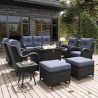 LayinSun 10 Pieces Outdoor Patio Furniture Set with Fire Pit Table, Rattan Wicker Sectional Swivel Rocker Chairs Sets with Ottomans, Swivel Glider Chairs and Coffee Table