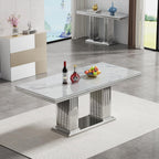 68 in Faux Marble Dining Table for 4-6, White Marble Dining Table with Silver Stainless Steel Base, Luxury Rectangular Dining Room Table for Kitchen, Living Room, Apartment, Family Meals, Dinner Party