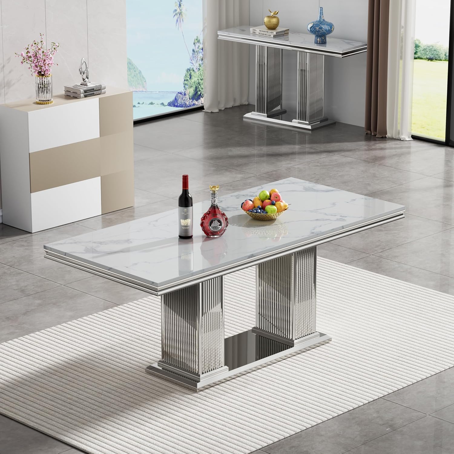 68 in Faux Marble Dining Table for 4-6, White Marble Dining Table with Silver Stainless Steel Base, Luxury Rectangular Dining Room Table for Kitchen, Living Room, Apartment, Family Meals, Dinner Party