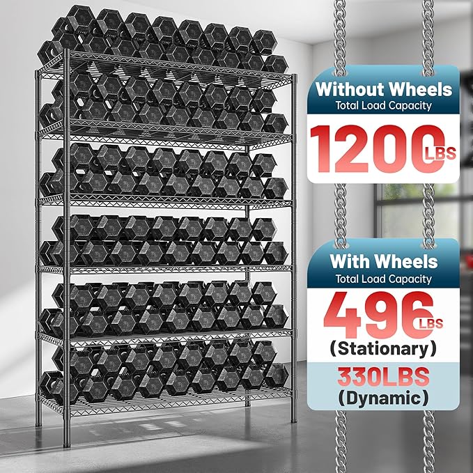 82" H X45 W X18 D Storage Shelves with Wheels, 6 Tier Wire Shelving Adjustable Metal Shelving Pantry Shelves Capacity 1200LBS for Garage Shelving, Pantry, Kitchen, Closet, Black
