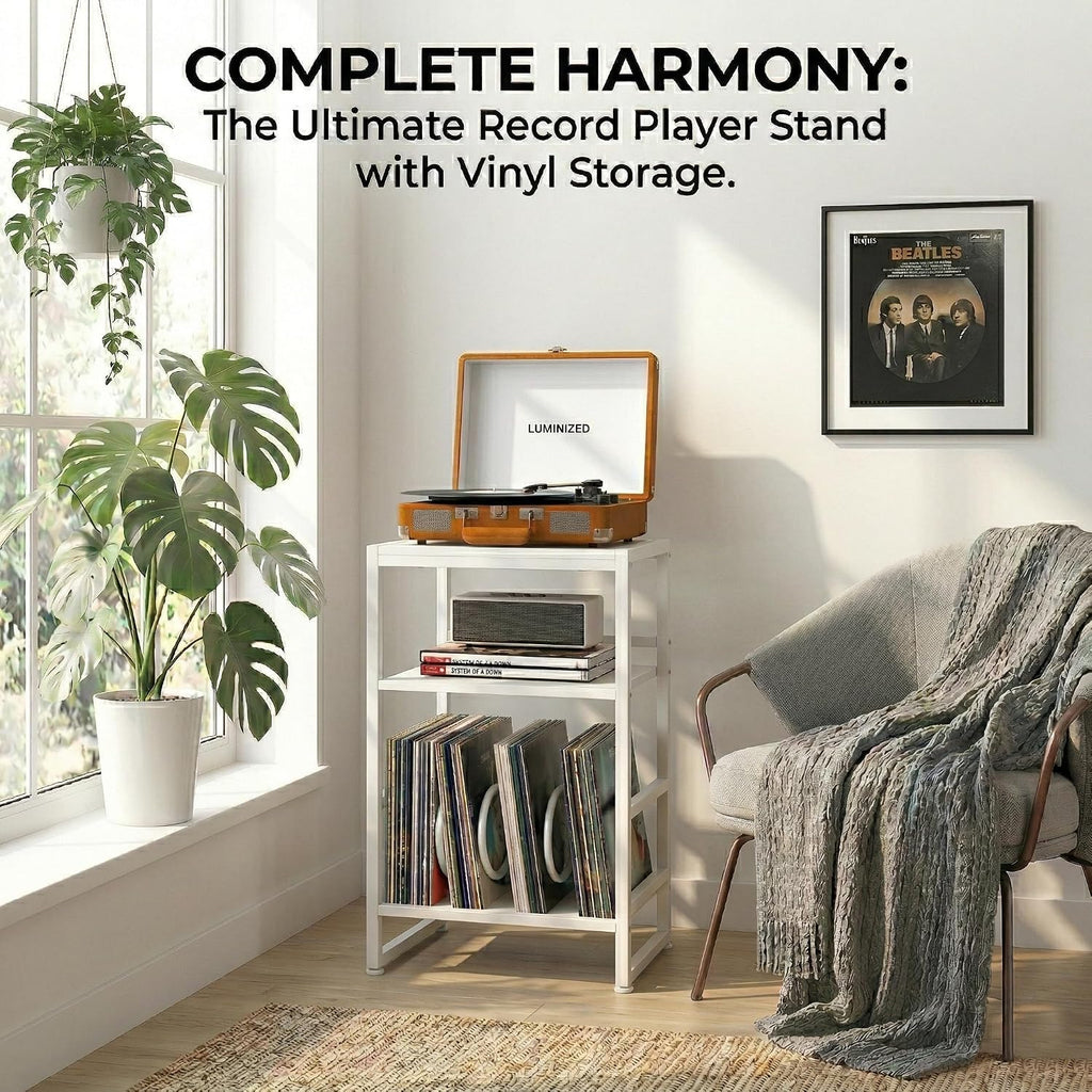 Record Player Stand,3-Tier Record Player Table with U-Shaped Vinyl Storage Up to 120 Albums,28" H End Table Turntable Stand with Storage,Record Table Vinyl for Living Room Bedroom