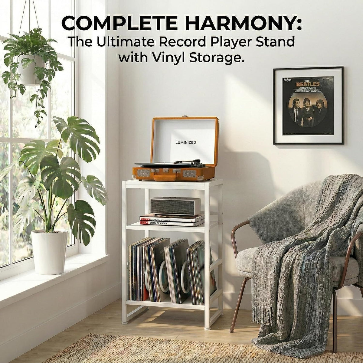 Record Player Stand,3-Tier Record Player Table with U-Shaped Vinyl Storage Up to 120 Albums,28" H End Table Turntable Stand with Storage,Record Table Vinyl for Living Room Bedroom