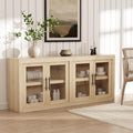 GarveeHome 70.8 in Sideboard Buffet Cabinet with Storage, Mid Century Modern Accent Cabinet with 4 Glass Doors, Wood Coffee Bar Media Console Credenza for Living Room, Kitchen, Hallway, Natural