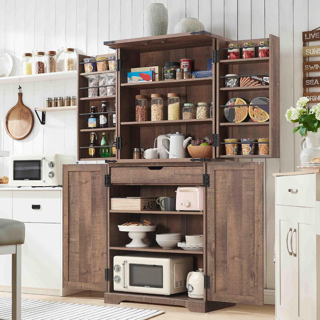 ACCOHOHO 72" Tall Wooden Pantry Storage Cabinet with Door Shelves & Drawer | Farmhouse, Barn Doors, Adjustable Shelves, Freestanding, Anti-tip Kit, for Kitchen, Dining Room, Living Room