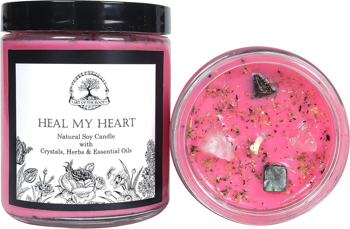 Heal My Heart Soy Affirmation Candle | 9 oz with Rose Quartz & Seraphinite Crystals, Herbs and Essential Oils | Sadness, Loss & Heartache | Wiccan, Pagan, Magick, Spirituality