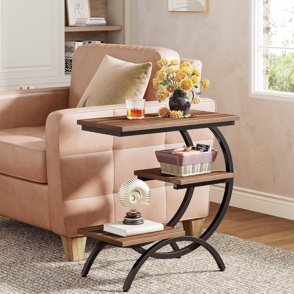 Tribesigns C Shaped End Table, Small Side Table for Couch, Industrial 3-Tier Couch Table, Wood Bedside Table, C Side Table for Small Spaces, Living Room, Dark Brown