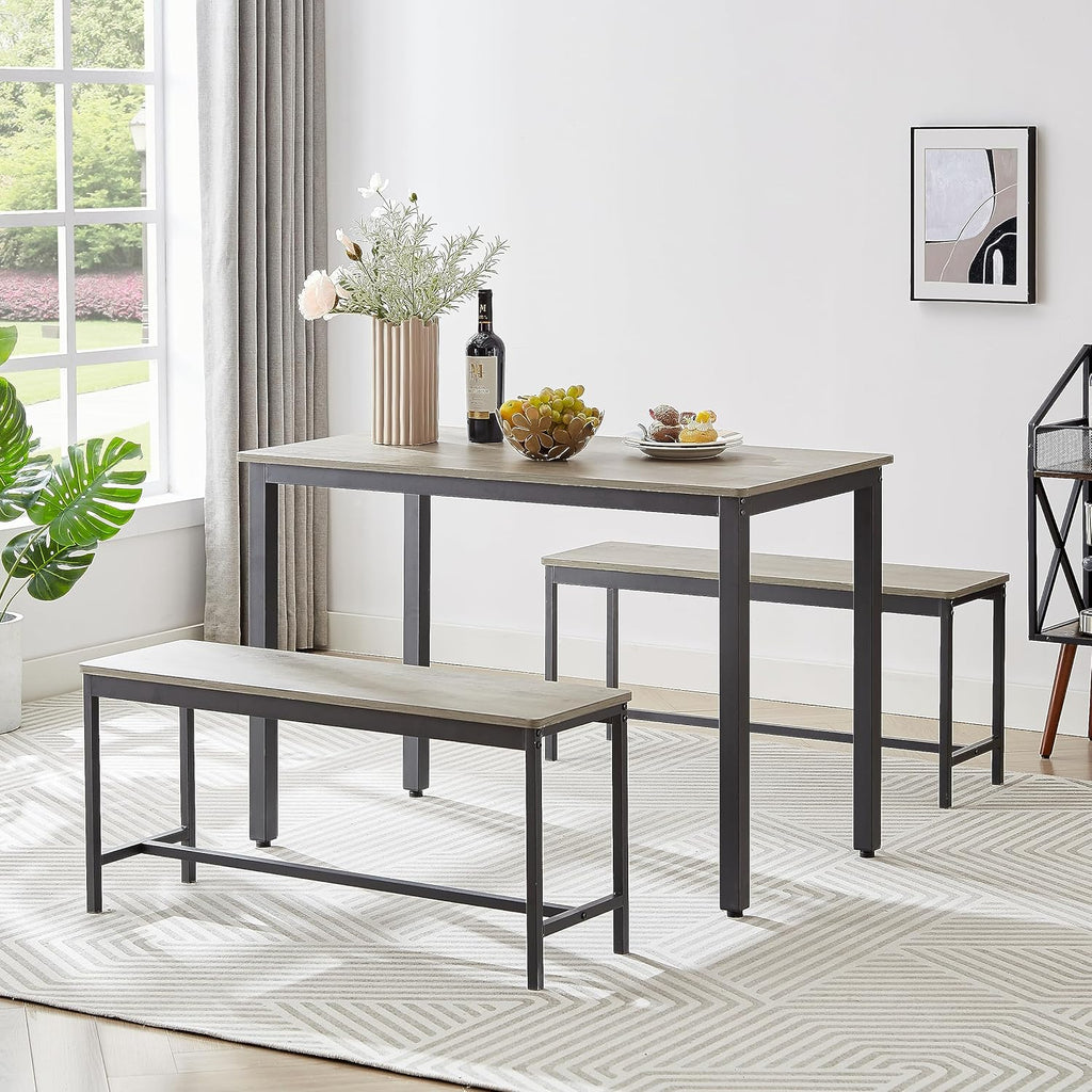 Dining Table Set for 4, Small Kitchen Table with 2 Benches, Industrial Counter Height Pub Table, 3-Pieces Bar Table and Chairs Set for Home Kitchen Breakfast Table, Grey, 43.3″L x23.6″W x 29.9″H