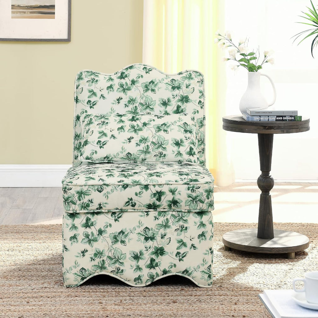Ball & Cast Flannel Upholstered Armless Chair, Classic American Style Flower Design Fabric Dining Chair, Comfy Farmhouse Accent Chair with Padded Seat and Backrest for Living Room Kitchen, Green