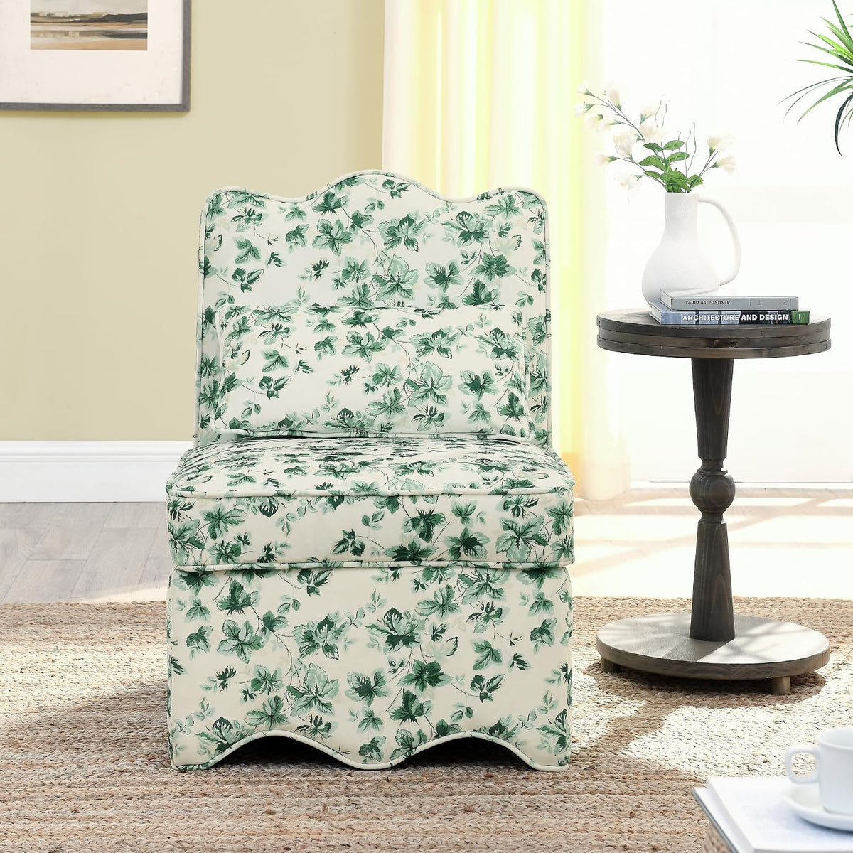 Ball & Cast Flannel Upholstered Armless Chair, Classic American Style Flower Design Fabric Dining Chair, Comfy Farmhouse Accent Chair with Padded Seat and Backrest for Living Room Kitchen, Green