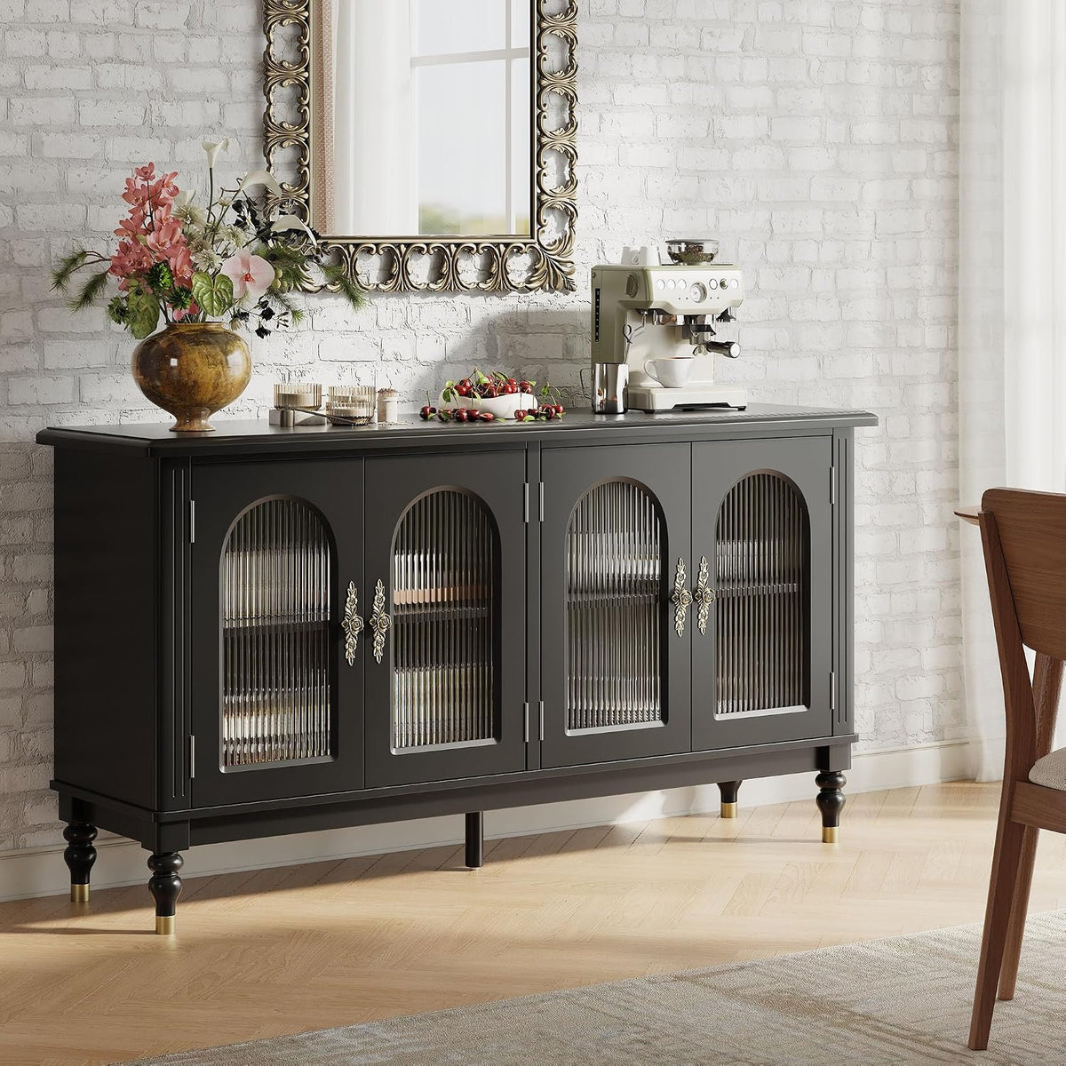 iPormis Fluted Arched Buffet Cabinet with Storage, 59" Modern Sideboard with Glass Door & Adjustable Shelves, Mid Century Modern Solid Wood Credenza Accent Cabinet for Living Room, Entryway, Black