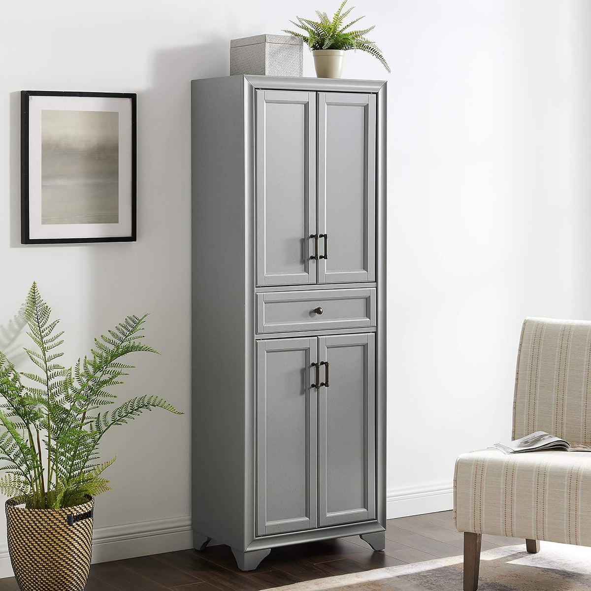 Crosley Furniture Tara Pantry Storage Cabinet with Shelves, Kitchen, Dining, or Laundry Room, Distressed Gray