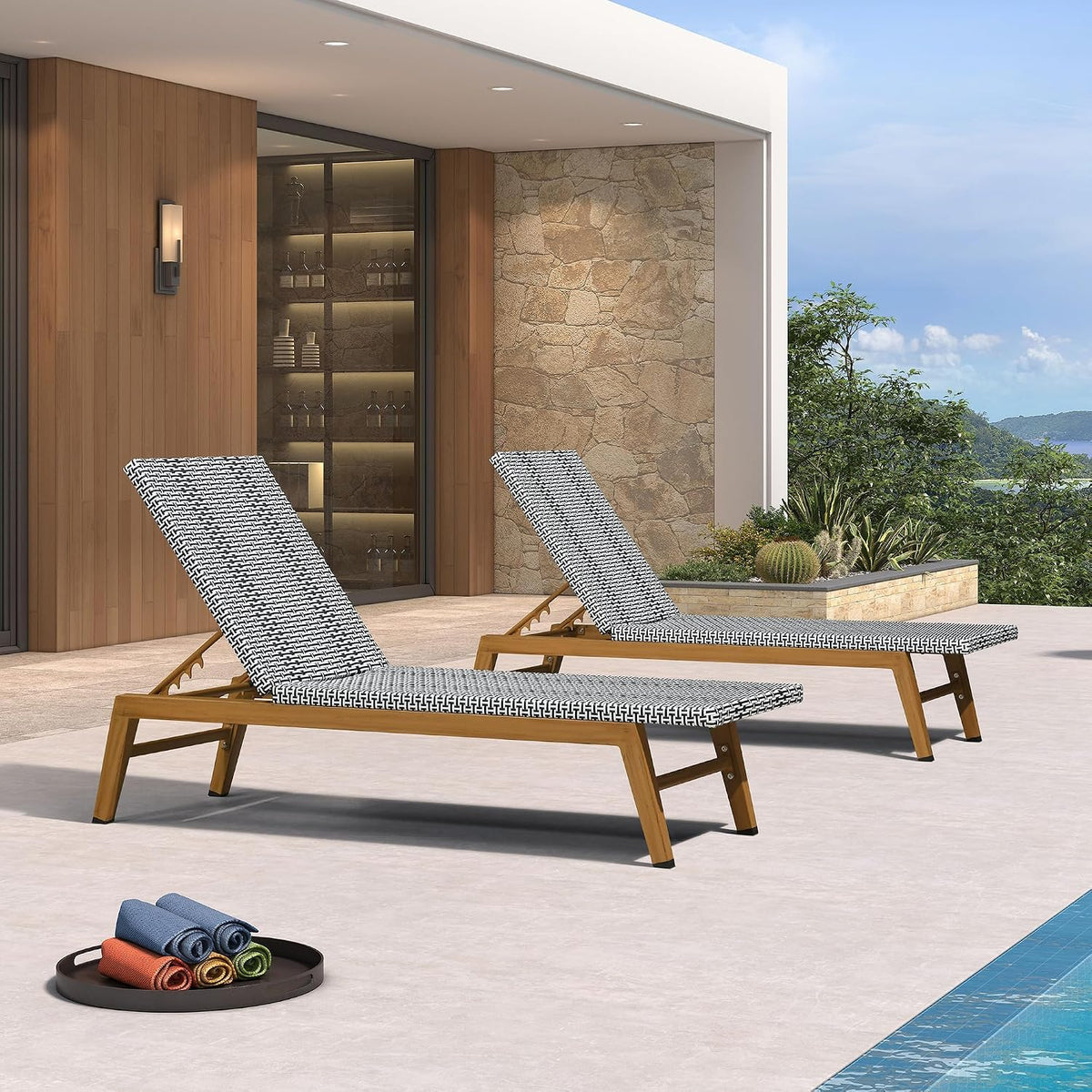 PURPLE LEAF Outdoor Chaise Lounge Chair Wood Grain Aluminum Set of 2, White | 3-Year Color Retention PE Rattan, 2.4" Thickened Aluminum Frame, 16.14" Knee-Friendly Height, French-Inspired Style