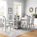 AF ARTISAN FURNITURE 7 Piece White Marble Dining Table, 70'' Rectangle Faux Marble Kitchen Table Set for 6 with Silver Mirrored Finish Stainless Steel Chairs, Luxury Dining Room Table Set for 6