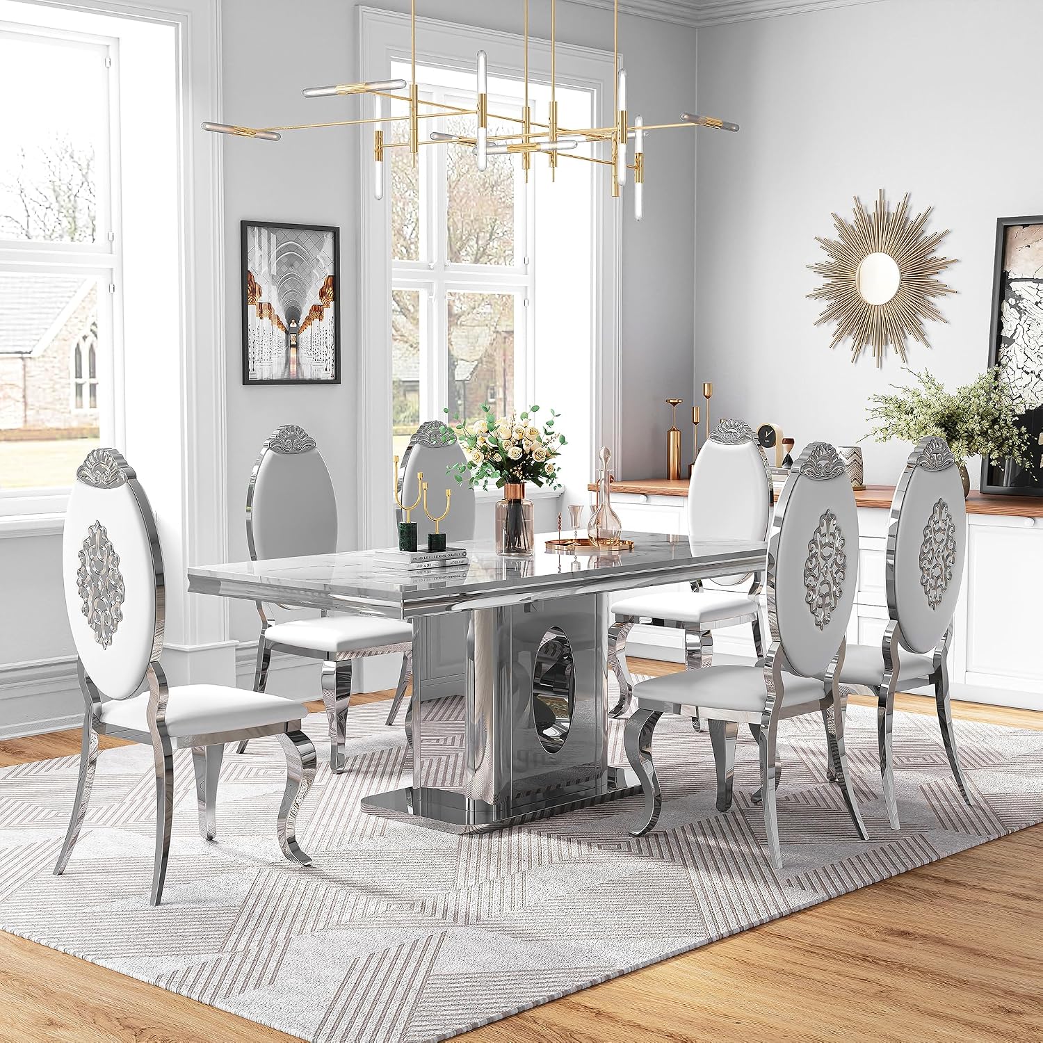 AF ARTISAN FURNITURE 7 Piece White Marble Dining Table, 70'' Rectangle Faux Marble Kitchen Table Set for 6 with Silver Mirrored Finish Stainless Steel Chairs, Luxury Dining Room Table Set for 6