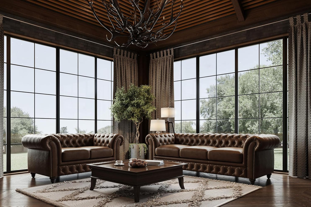 Valencia Parma 92" Leather Chesterfield Sofa, Premium Leather Upholstery, 3 Seater with Button-Tufted Back, Solid Wood Feet, Mid-Century Modern Design for Living Room (Lipari Chocolate)
