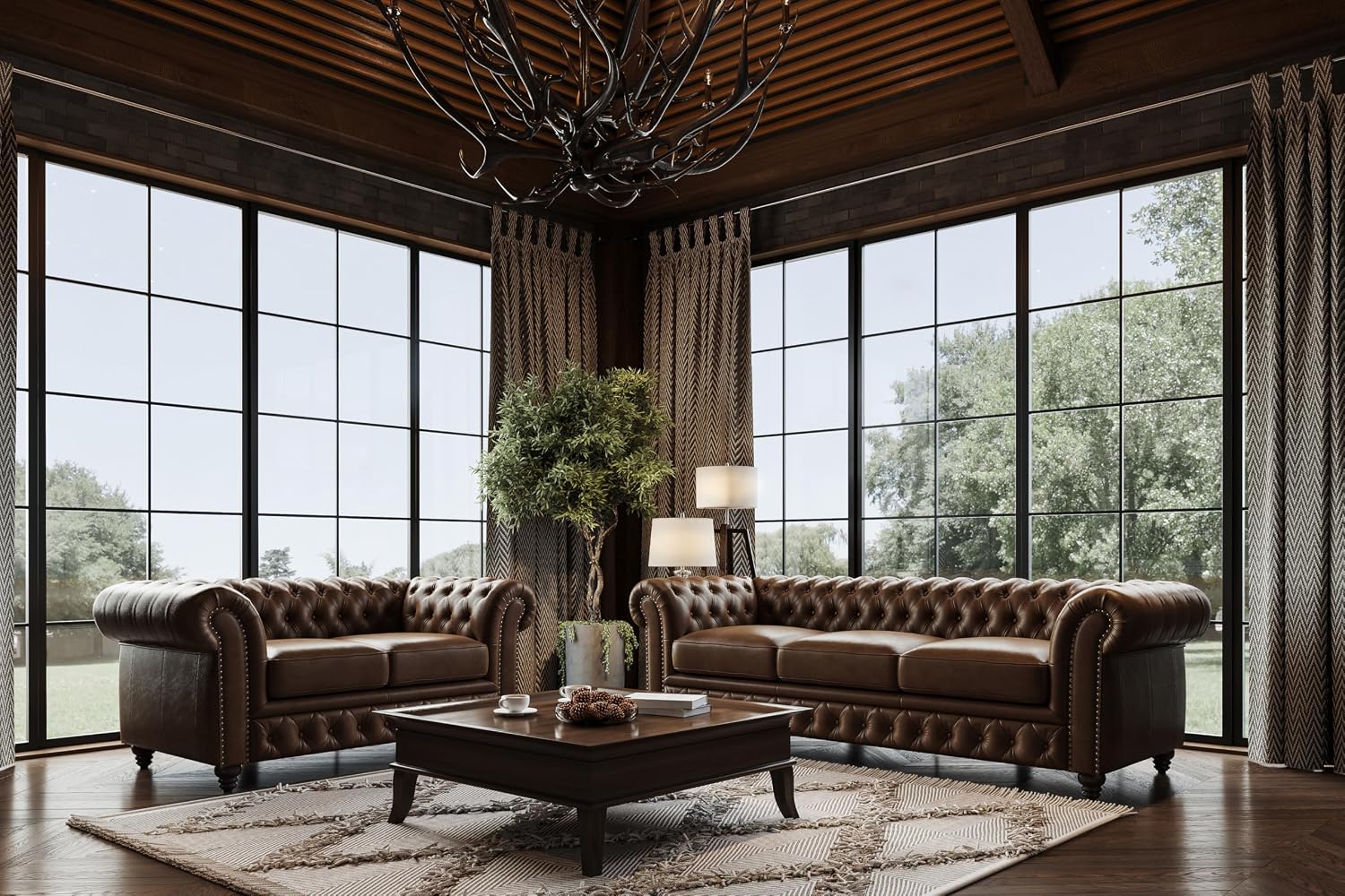 Valencia Parma 92" Leather Chesterfield Sofa, Premium Leather Upholstery, 3 Seater with Button-Tufted Back, Solid Wood Feet, Mid-Century Modern Design for Living Room (Lipari Chocolate)