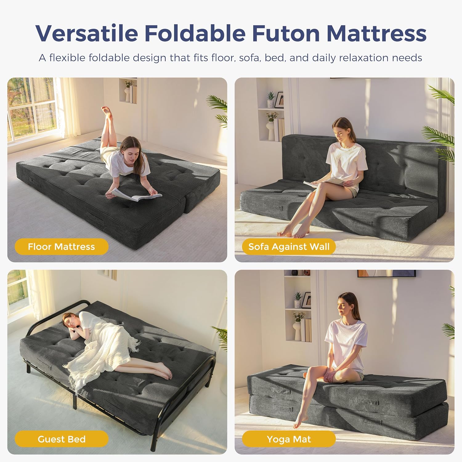 MAXYOYO Foldable Mattress, 8-Inch Tufted Futon Mattress with Handles | Tufted Floor Sofa Bed and Versatile Mattress, Carry Handles for Living Rooms or Guest Rooms, Frame Not Included, Dark Grey