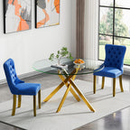 Glass Dining Room Table Set for 2, 47" Circle Glass Dining Table for 2 with Gold Metal Legs, Small Round Dining Table and Chairs Set of 2, 3 Piece Kitchen Table Set for Breakfast Dinette, Blue