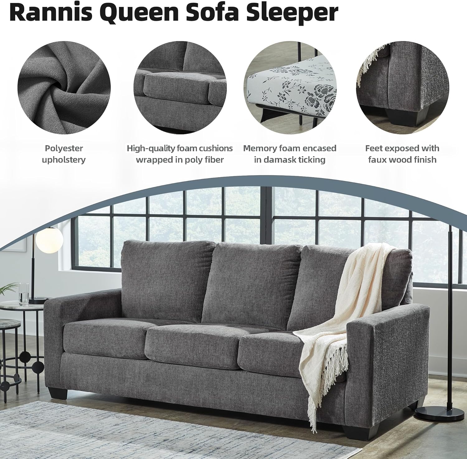 Signature Design by Ashley Rannis Queen Sleeper Sofa, Pewter Pull Out Couch | Pewter gray polyester chenille, Includes 4 in queen memory foam mattress, Space-saving 3-seater profile for living rooms
