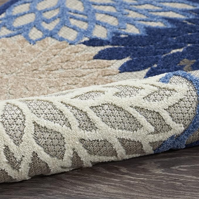 Nourison Aloha Indoor/Outdoor Blue/Multicolor 5'3" x Round Area Rug, Tropical, Botanical, Easy Cleaning, Non Shedding, Bed Room, Living Room, Dining Room, Deck, Backyard, Patio (5 Round)