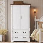 LIKIMIO Armoire Wardrobe Closet 70" with 2 Drawers for Bedroom, White | Farmhouse Wardrobe with Roman Column Doors, Hanging Rod and Side Hooks for Clothing Storage and Organization in Bedrooms