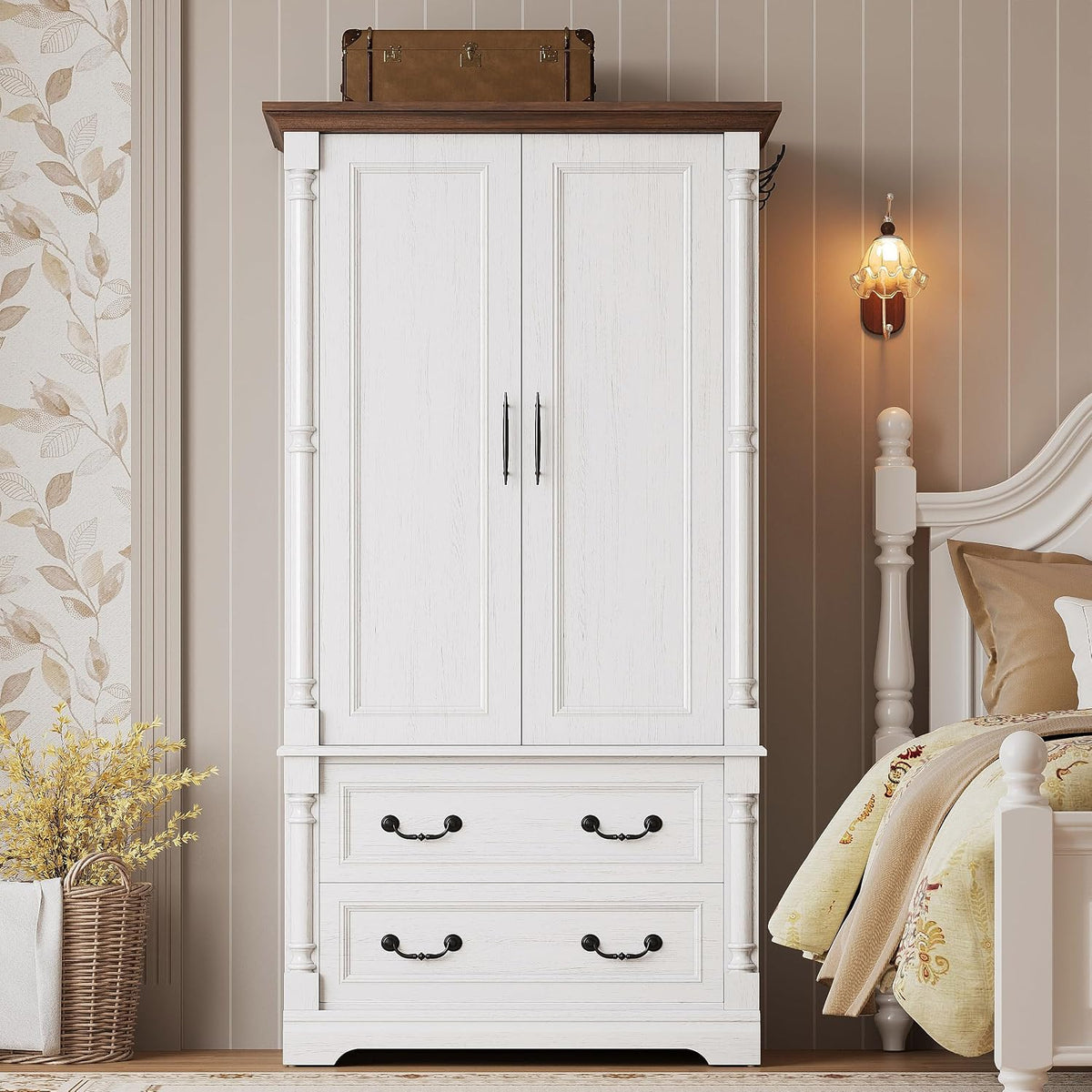 LIKIMIO Armoire Wardrobe Closet 70" with 2 Drawers for Bedroom, White | Farmhouse Wardrobe with Roman Column Doors, Hanging Rod and Side Hooks for Clothing Storage and Organization in Bedrooms