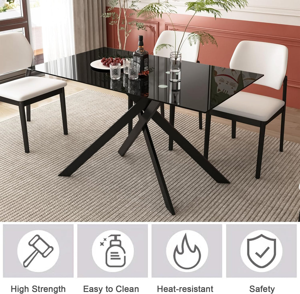 51.2" Glass Dining Table for 2-4 People, Modern Kitchen Table with Black Chromed Legs, Rectangular Dinner Table for Small Space, Apartment, Office, All Black