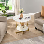 D&H FURNIMMT 20" Living Room Side Table Set of 2 for Small Spaces, 2 Tier Wood Top Round End Tables with Storage Shelf, Accent Sofa Table for Bedroom, Office, Sunroom, Balcony, White Faux Marble/Gold