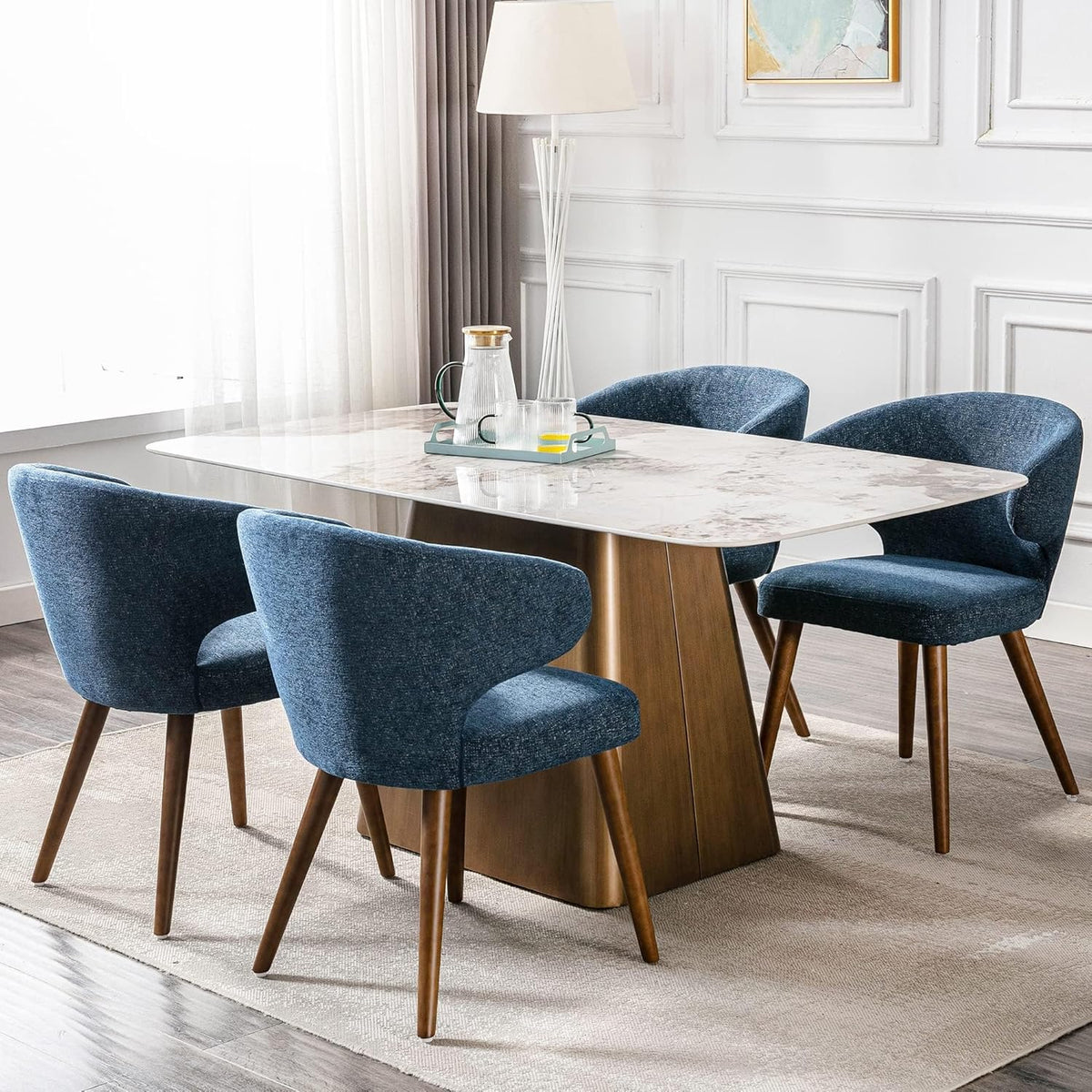 HNY Mid Century Modern Dining Chairs Set of 4, Upholstered Curved Wingback Accent Arm Chairs, Linen Side Chairs with Solid Wood Legs, Navy Blue