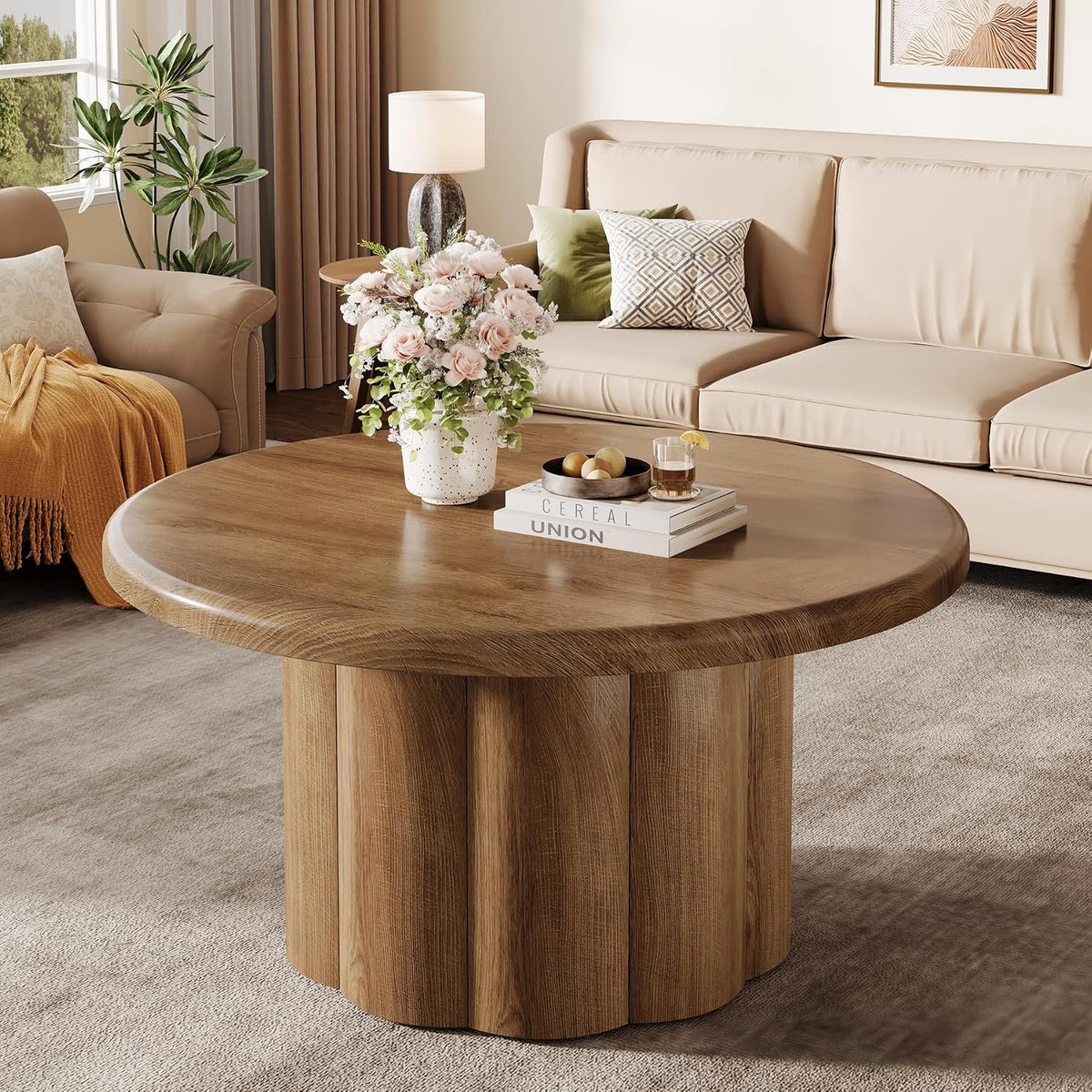 Tribesigns 31.5" Round Coffee Table for Living Room, Farmhouse Circle Center Cocktail Table with Fluted Drum Base, Wooden Living Room Furniture for Apartment, Small Space, Brown