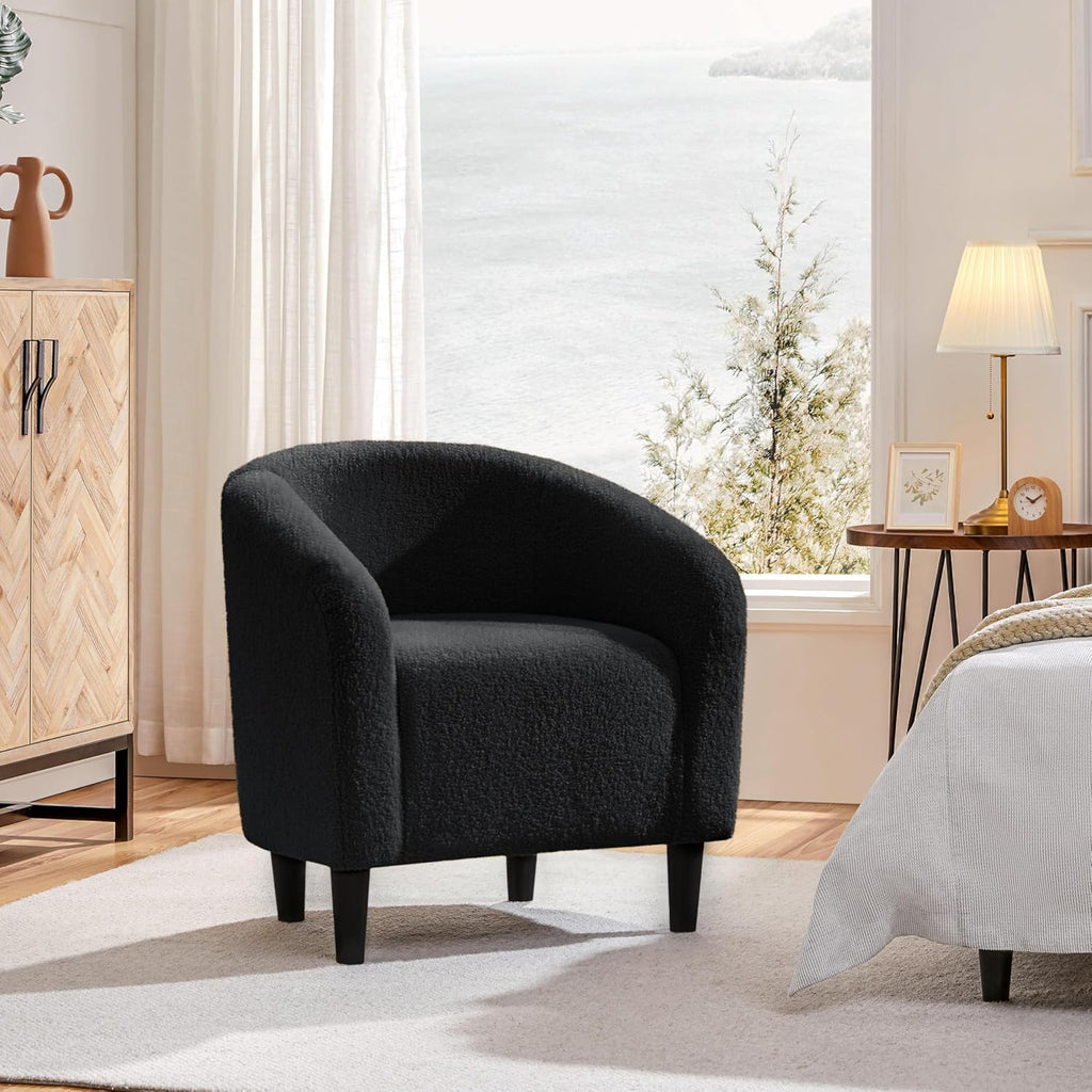 Yaheetech Small 25.5in Wide Sherpa Barrel Accent Chair for Bedroom, Black | Compact Cozy Barrel Chairs with a Curved Silhouette, Upholstered Furry Armchair for Small Spaces, Living Room Bedroom Corner