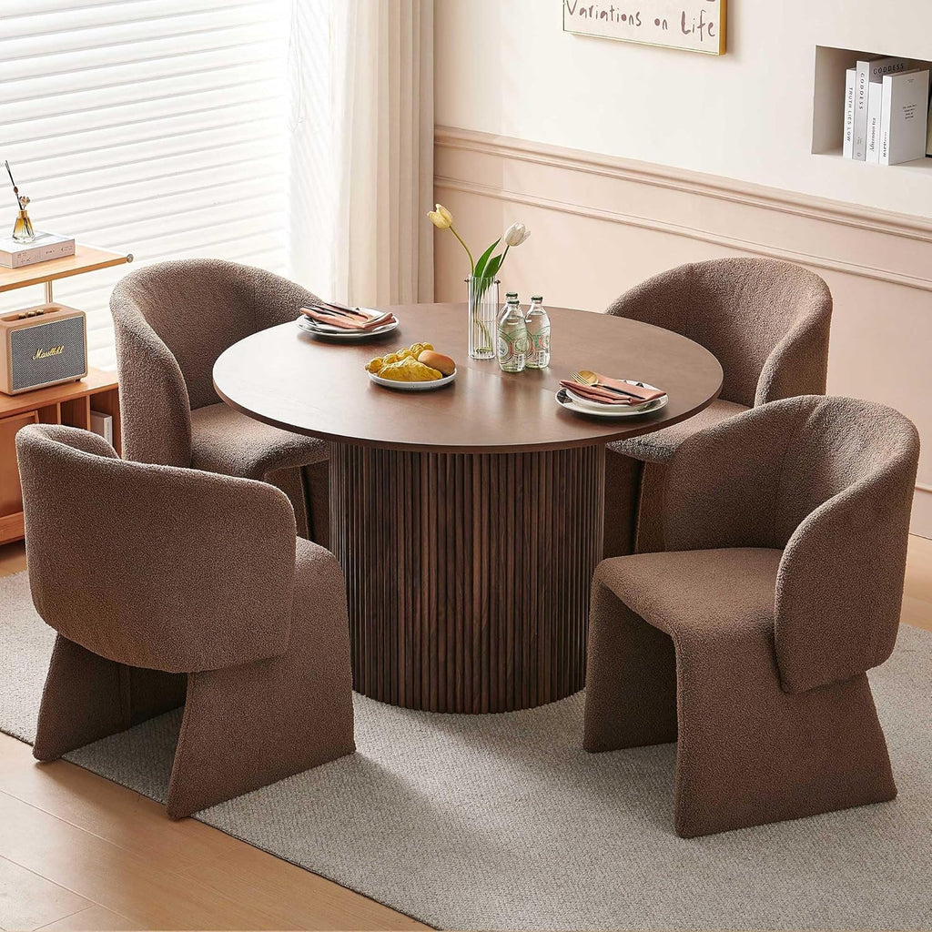 47" Round Dining Table for 4, Modern Farmhouse Kitchen Table, Walnut Wood Veneer Tabletop with Wood Strip Base, Kitchen & Dining Room Table