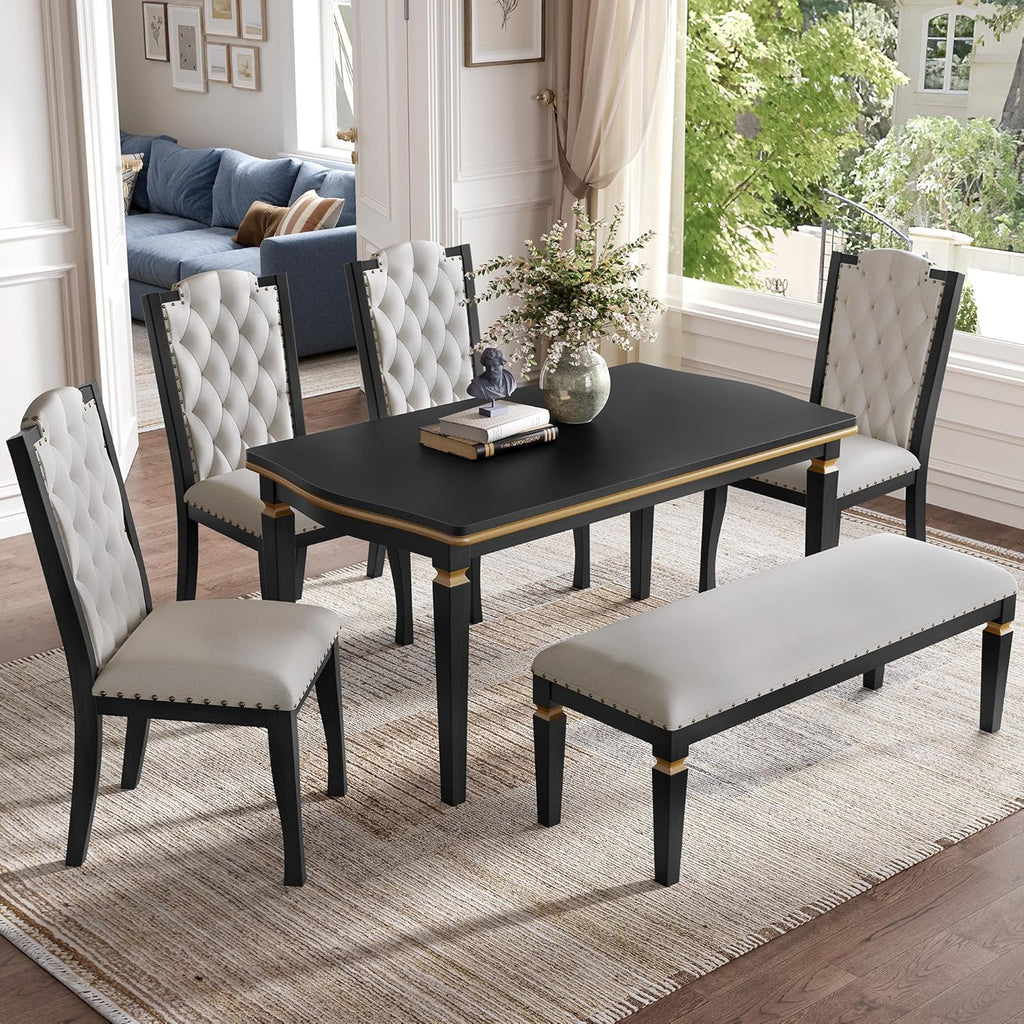 Merax 6-Piece Kitchen Dining Table Set, 60" Rectangular Table with 4 High-Back Tufted Upholstered Chairs & 1 Bench, Rubberwood Legs Modern Elegant Farmhouse for Kitchen Room, Black